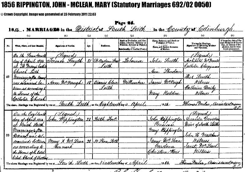 Rippington (John & Mary) 1856 Marriage Record